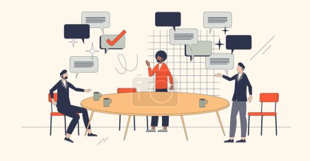 Illustration for Collaborative brainstorming and business briefing retro tiny person concept. Meeting with efficient company strategy planning vector illustration. Communication with discussion and various opinions. - Royalty Free Image