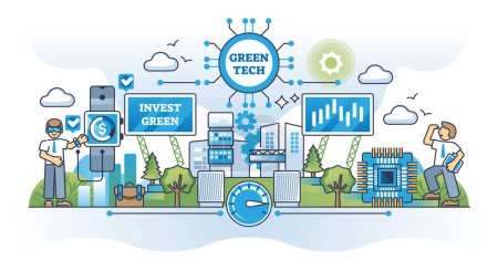 Illustration for Green tech investments and sustainable technology funding outline concept. Modern and innovative business with futuristic electronics vector illustration. Environmental and carbon free resource usage - Royalty Free Image
