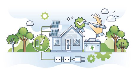 Solar energy home storage with charged green batteries outline concept. Sustainable and environmental solution for off grid electricity consumption vector illustration. Accumulator unit for eco house