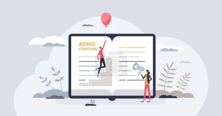 Illustration for ADHD coaching or learning how to deal with mental problem tiny person concept. Attention deficit and hyperactivity disorder challenge for children vector illustration. Psychologist mentor training. - Royalty Free Image