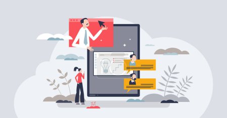 Illustration for Online tutor as distant learning or teaching web platform tiny person concept. Support and help with intelligent guidance teacher, streaming homework explanation using internet vector illustration. - Royalty Free Image
