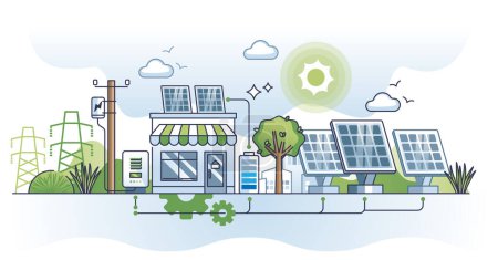 Illustration for Solar power generation with sun panels and battery charging outline concept. Off grid system for house electricity collectors vector illustration. Ecological, sustainable and nature friendly energy. - Royalty Free Image