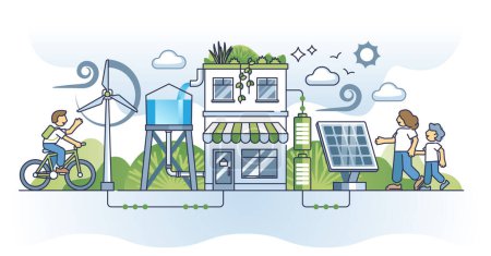 Las iniciativas en materia de energía verde como concepto de consumo sostenible de energía de los hogares. Recursos renovables respetuosos con la naturaleza para la electricidad doméstica con ilustración de vectores de baterías de almacenamiento. Guardar agua limpia.