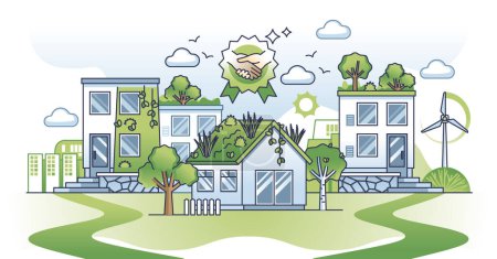 Illustration for Energy conservation initiatives with green deal housing outline concept. Nature friendly home building with sustainable alternative power production vector illustration. Environmental lifestyle. - Royalty Free Image