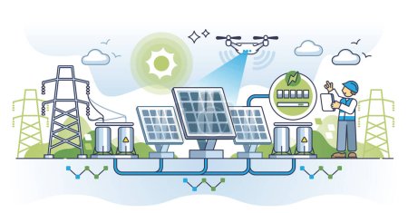 Illustration for Solar power storage unit and sun panels efficiency control outline concept. Modern system for nature friendly and ecological energy production vector illustration. Environmental charging with backup. - Royalty Free Image