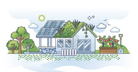 Illustration for Sustainable housing and home with green and lush solar roof outline concept. Alternative electricity with nature friendly power from sun energy vector illustration. Bio house with local food garden. - Royalty Free Image