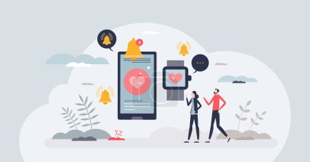 Illustration for MHealth as mobile health care app for disease warning tiny person concept. Daily body stats and heart rate monitoring for effective wellness checkup vector illustration. Notifications for illness. - Royalty Free Image