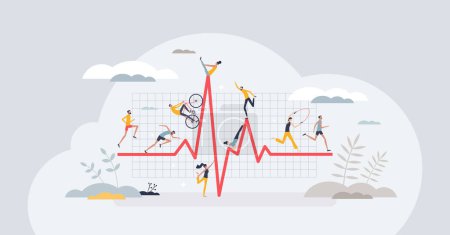 Illustration for Fitness trackers and sport data measure for activities tiny person concept. Heart rate measurements or pulse control with wearable accessories and application vector illustration. Training monitoring - Royalty Free Image