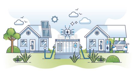 Illustration for Smart grid solutions with solar panel energy storage unit outline concept. Electricity supply with green battery and generator as alternative power from nature friendly sources vector illustration. - Royalty Free Image