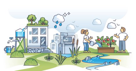 Conservación del agua en la ciudad con recogida de agua de lluvia y reutilización en el concepto de esquema de jardín. Ahorre agua potable en la ilustración vectorial del entorno urbano. Riego de jardín doméstico inteligente y eficaz