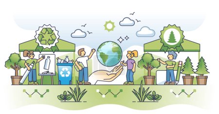 Illustration for Eco awareness initiatives with environmental society care outline concept. Effective waste management for smart resource usage vector illustration. Forest planting for green and ecological future. - Royalty Free Image