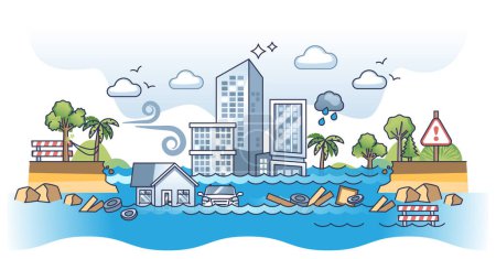 Sea level rise and destructive flood weather risks in future outline concept. Global warming and ice melting impact on urban and highly populated areas with dangerous climate vector illustration.
