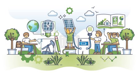 Solar education and awareness with green energy learning outline concept. Sun panel technology teaching for kids and children as sustainable and nature friendly future knowledge vector illustration.