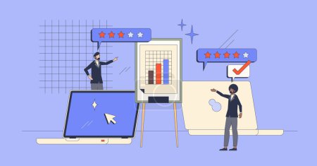 Illustration for Split testing and different options in website retro tiny person concept. Website feedback comparison from multiple variations vector illustration. Customer satisfaction statistic research process. - Royalty Free Image
