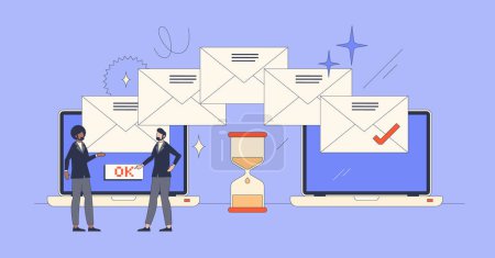 Illustration for Email automation and message letters sending tool retro tiny person concept. Use mail software as effective and fast service for marketing information distribution to customers vector illustration. - Royalty Free Image