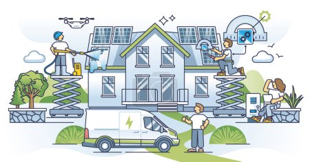 Illustration for Maintenance and optimal use of solar panels energy production outline concept. Efficiency improvement with cleaning and correct angle adjustment vector illustration. Power check and roof control. - Royalty Free Image