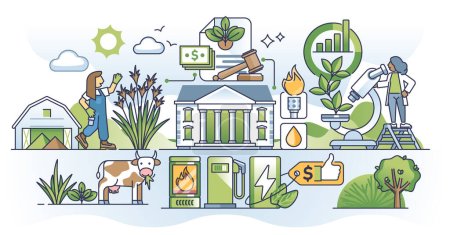 Biomasse-Ökonomie und Politik mit grüner Energiefinanzierung skizzieren das Konzept. Staatliche Subventionen für saubere und erneuerbare Kraftstoffe aus pflanzlicher Zellulose und landwirtschaftlichen Produkten Vektor Illustration.