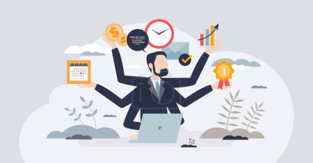 Illustration for Overemployment as multiple jobs and overworked struggle tiny person concept. Stress from unhealthy balance and time management vector illustration. Workaholic pressure and burnout from multitasking. - Royalty Free Image