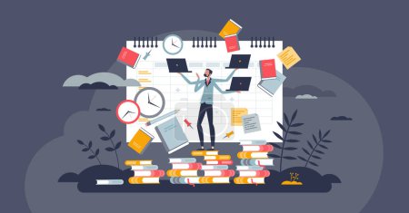 Illustration for Overemployment and struggle about busy time schedule tiny person concept. Overworked workaholic with stressful multitasking vector illustration. Unhealthy balance with heavy workload and burnout. - Royalty Free Image