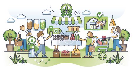 Illustration for Shopping organic and buy green, raw and ecological grocery outline concept. Fresh food from local suppliers and farmers in zero waste store vector illustration. Eco society with healthy eating habits - Royalty Free Image
