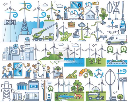 Illustration for Wind energy as green, sustainable electricity production outline collection. Elements set with eco infrastructure, modern offshore stations and environmental power engineering vector illustration. - Royalty Free Image