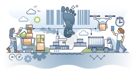Illustration for E-commerce and its environmental impact with CO2 pollution outline concept. Trade and logistics carbon dioxide negative effect vector illustration. Retail cargo shipping and distribution problem. - Royalty Free Image