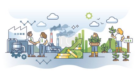 Illustration for Economic growth vs environmental protection for balance outline concept. Business control with sustainable, nature friendly investments vector illustration. Challenge for economy and climate harmony. - Royalty Free Image