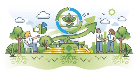Illustration for Green investments and sustainable financial funding business outline concept. Responsible, green and nature friendly investing for environmentally ethical economy vector illustration. Profit growth. - Royalty Free Image