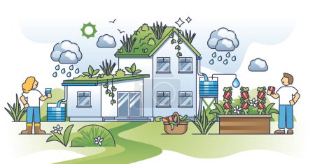 Illustration for Rainwater harvesting and rain water collection for garden outline concept. Pure and filtered drain water system for drinking or soil watering in summer vector illustration. Save natural resources. - Royalty Free Image