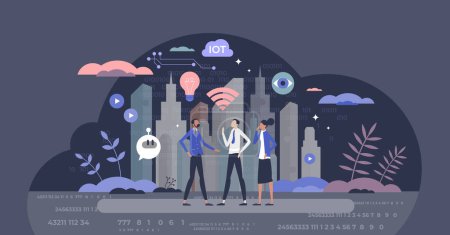 Illustration for Innovation and technology for modern IOT and smart city systems tiny person concept. Artificial intelligence usage for startup business or process automation vector illustration. Effective IT usage. - Royalty Free Image