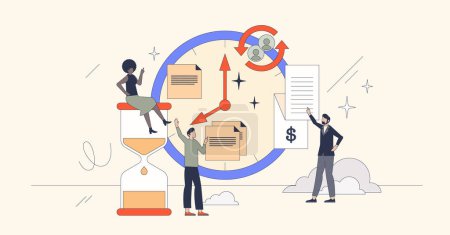 Illustration for Time management as effective work planning schedule retro tiny person concept. Project deadline control for productive business planning vector illustration. Company performance monitoring strategy. - Royalty Free Image