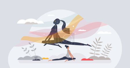 Illustration for Somatics as body mental and physical retreat for wellness tiny person concept. Mind relaxation and pose for yoga activity vector illustration. Balance workout for healthy figure and mindfulness. - Royalty Free Image