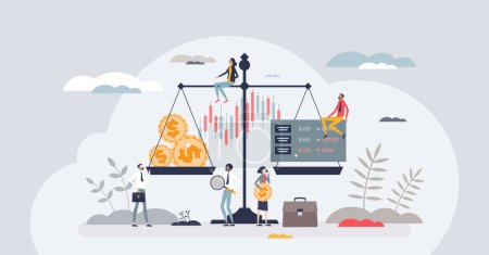 Illustration for Balancing investments and financial profit balance tiny person concept. Risk evaluation and scales with money and stock market shares value comparison vector illustration. Financier calculations. - Royalty Free Image