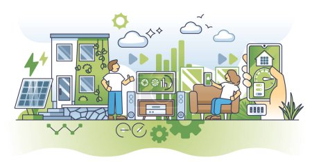Illustration for Smart home revolution and house gadgets or climate control outline concept. Wireless appliances monitoring and modern IOT systems for smart and effective resources consumption vector illustration. - Royalty Free Image