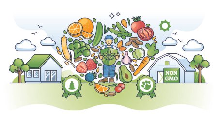 Illustration for Organic living and ecological healthy food consumption outline concept. Fresh vegetables and fruits eating for personal wellness vector illustration. Non GMO farm with sustainable and green standards - Royalty Free Image