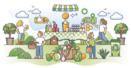 Illustration for Organic marketplace and local farmer food products market outline concept. Buy grocery from sustainable and environmental farms vector illustration. Natural raw vegetables stand in green bazaar. - Royalty Free Image