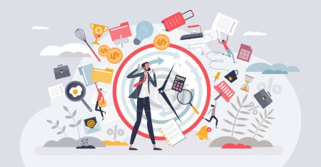Illustration for Acute stress and emotional frustration from overload tiny person concept. Unhealthy work life balance with many duties pressure and exhaustion vector illustration. Negative psychological struggle. - Royalty Free Image