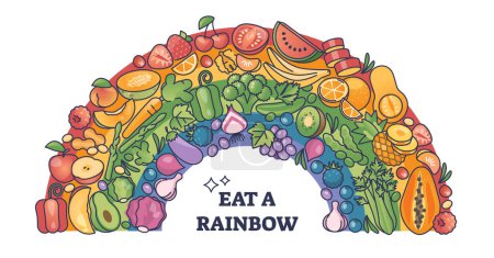 Ilustración de Comer un arco iris como alimento con varias verduras diferentes esquema diagrama. Frutas coloridas con complejo multivitamínico como opción saludable para la ilustración de vectores de comida. Variedad fuente de nutrientes para la dieta. - Imagen libre de derechos