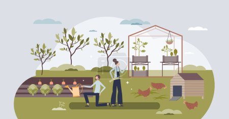 Illustration for Backyard homesteading to grow you own ecological food tiny person concept. Organic vegetables and chicken growing as sustainable and nature friendly lifestyle vector illustration. Countryside family. - Royalty Free Image