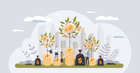 Illustration for Investment growth garden with green business money and profit tiny person concept. Growing plant from coin stack as financial development and steady sustainable incomes vector illustration. - Royalty Free Image
