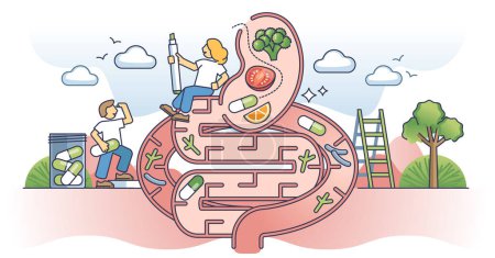 Illustration for Microbiome health or gastrointestinal gut and colon care outline concept. Medical awareness and bowel microorganisms or digestive system bacillus balance vector illustration. Stomach pills or drugs. - Royalty Free Image
