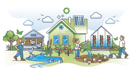 Illustration for Backyard homesteading and sustainable local food gardening outline concept. Home for family with nature friendly farming and environmental living vector illustration. Ecological lifestyle with garden - Royalty Free Image