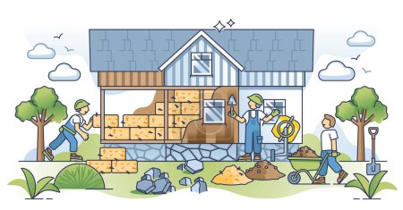 Illustration for Natural building techniques to build sustainable house outline concept. Construction site with green and nature friendly materials for insulation and facade vector illustration. Ecological home wall. - Royalty Free Image