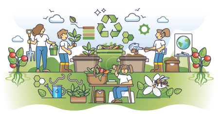 Illustration for Education in organic practices or learn sustainable lifestyle outline concept. Teach kids to compost kitchen leftovers and zero waste life vector illustration. Green future learning to save planet. - Royalty Free Image