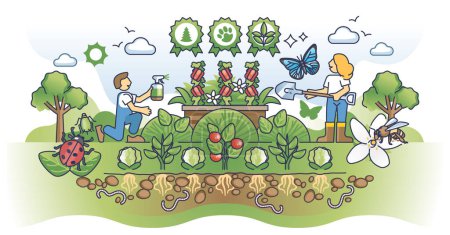 Illustration for Protecting biodiversity with organics to save plants health outline concept. Ecological agriculture, farming and local food growing with bio practices vector illustration. Using green pesticides. - Royalty Free Image