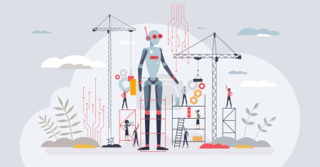 Illustration for Future of robotics and modern technological development tiny person concept. Futuristic electronics industry with artificial intelligence, automation and smart things tech usage vector illustration. - Royalty Free Image