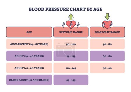 Illustration for Blood pressure chart by age as systolic or diastolic readings outline diagram. Labeled educational chart with adolescent, adult and older heart normal rate level vector illustration. Cardiology check - Royalty Free Image