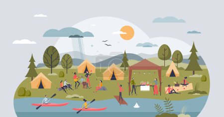 Illustration for Community care retreat crowd and support camp for healing tiny person concept. Social inclusion and interaction for disease recovery with active lifestyle and communication vector illustration. - Royalty Free Image