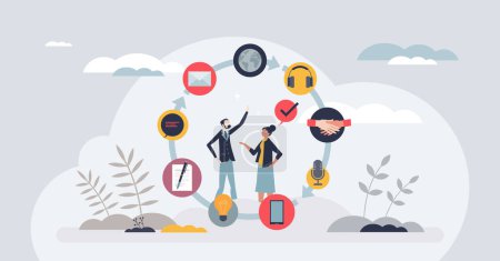 Illustration for Business communication cycle with agreement closure process tiny person concept. Offer, details negotiation, price discussion, signing contract and deal closing elements loop vector illustration. - Royalty Free Image