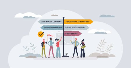 Illustration for Redefining traditional career paths for Gen Z occupations tiny person concept. New approach to find professional future goals vector illustration. Continuous learning and entrepreneurship model. - Royalty Free Image